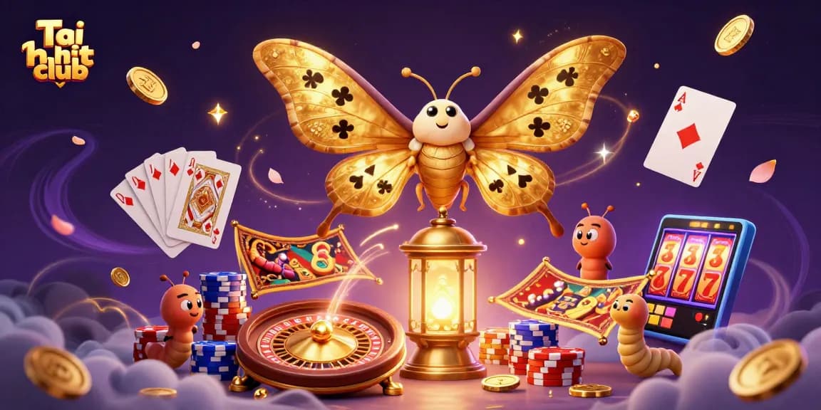 Experience Tải hit club with a dynamic casino scene featuring golden moths and vibrant game elements.