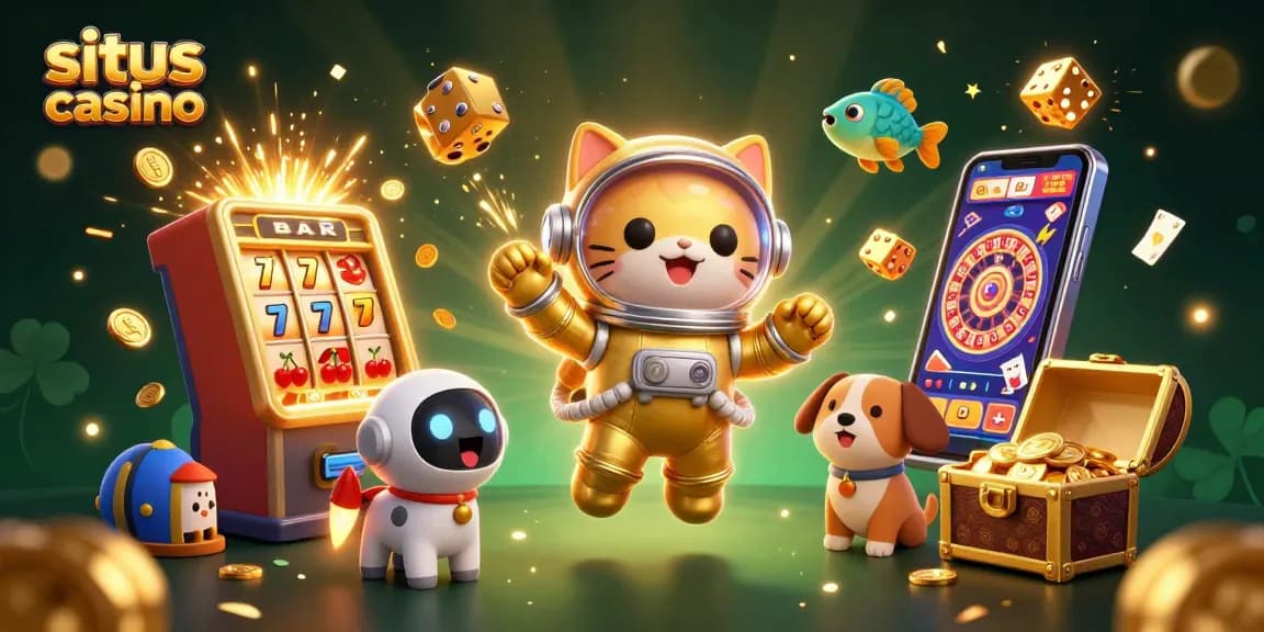 Engage with situs casino featuring an exciting 3D illustration of a golden astronaut cat, robot dog, and gaming elements.
