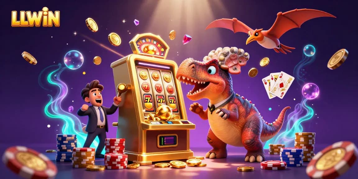 Experience the excitement of LLWIN with a cartoon dinosaur winning jackpots at a casino.