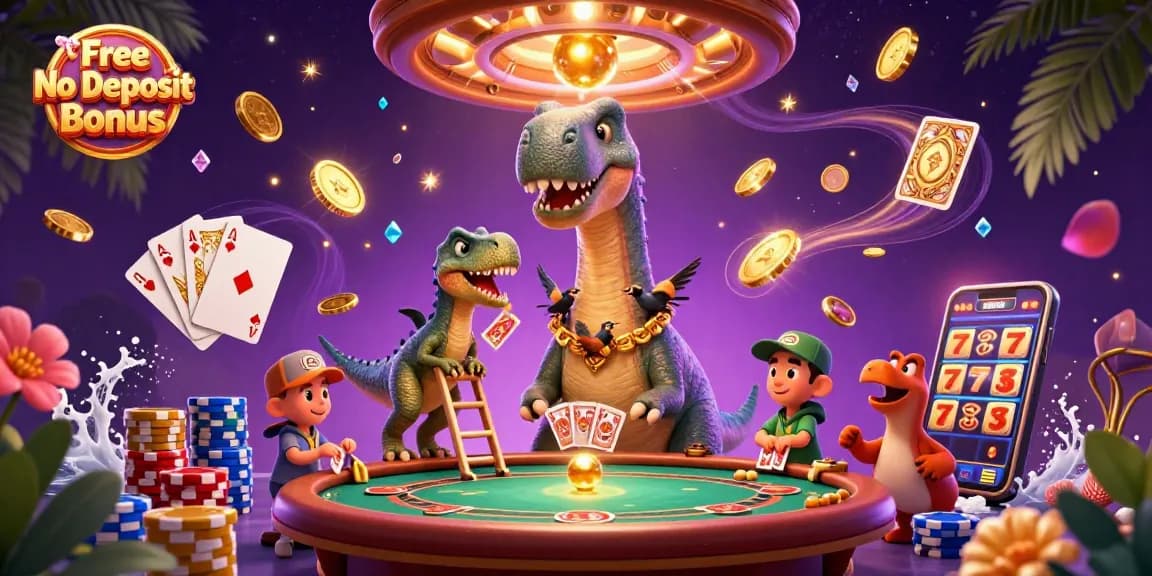 Enjoy the excitement of the Free No Deposit Bonus in a vibrant casino setting with dynamic characters.