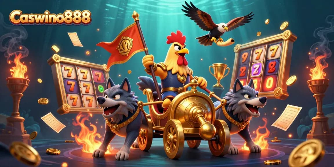 Play thrilling slots at Caswino888 with dynamic 3D characters in an engaging casino scene.