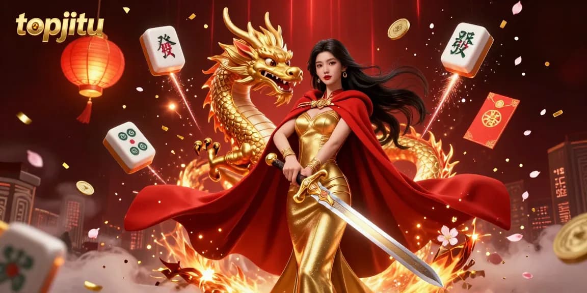 Topjitu showcases a casino scene with an Asian queen wielding a golden sword, amidst festive decorations.