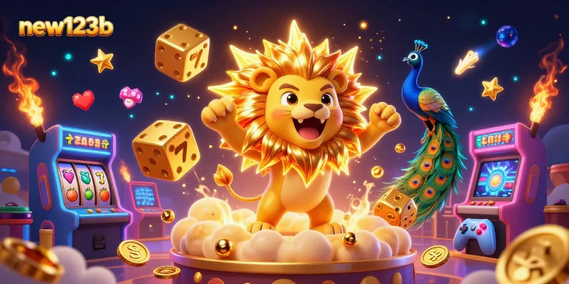 Win exciting jackpots with new123b in a vibrant 3D casino-themed illustration.
