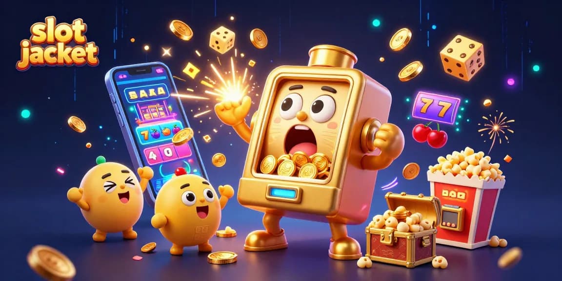 Bermain slot jackpot dengan mesin slot emas yang terkejut saat koin berjatuhan, dikelilingi oleh mesin slot kecil dan popcorn emas.