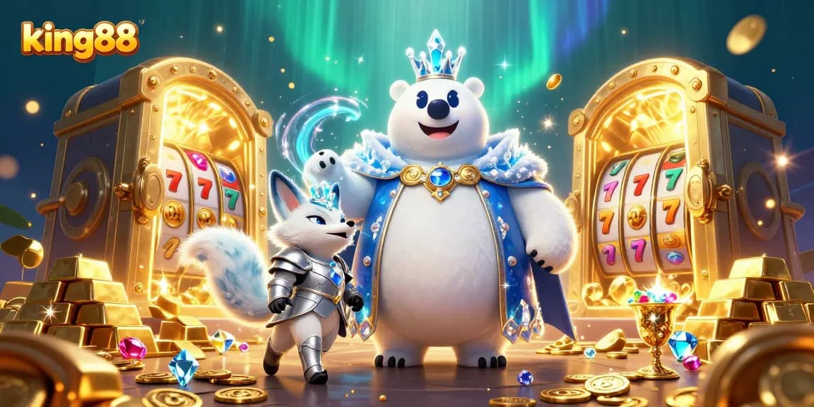 Engage in thrilling gameplay with king88 while a polar bear and fox guard treasures in a vibrant casino.