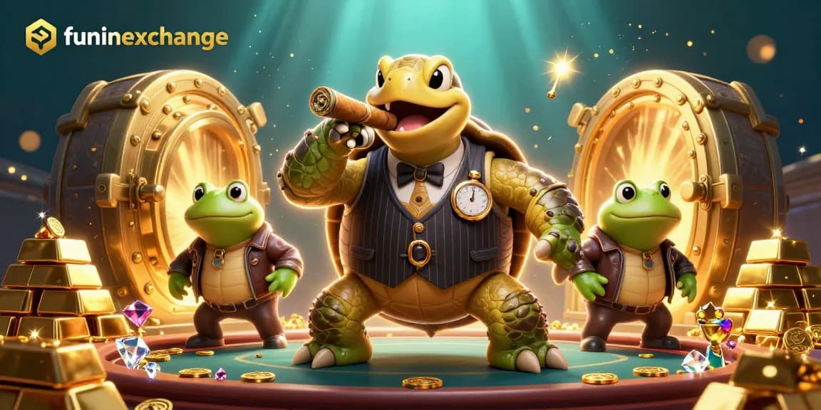 Experience funinexchange with a vibrant 3D scene depicting playful gambling characters and treasures.