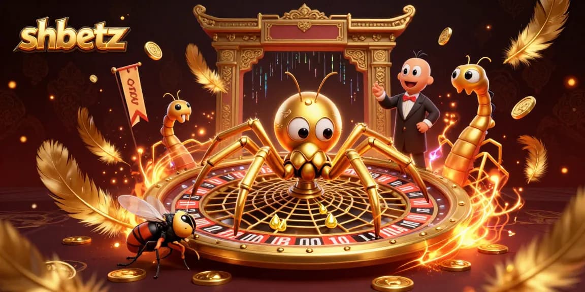 Engage with shbetz at a vibrant online casino scene featuring a spider roulette and centipede dealer.