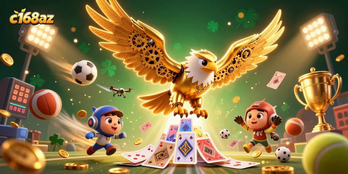 c168az betting experience with dynamic sports elements and holographic casino themes in 3D digital illustration