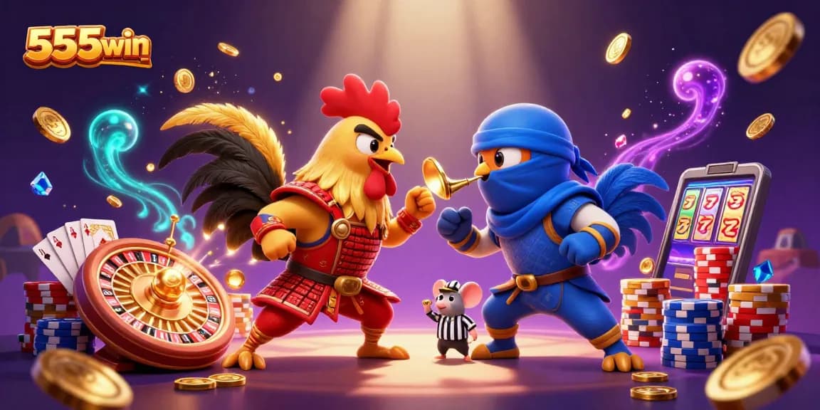 Engage in thrilling gaming action at 555win with cartoon roosters battling amid casino elements.