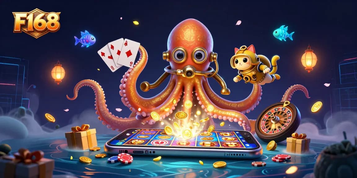 F168 players engaging in thrilling slot games with a treasure-filled kraken scene.