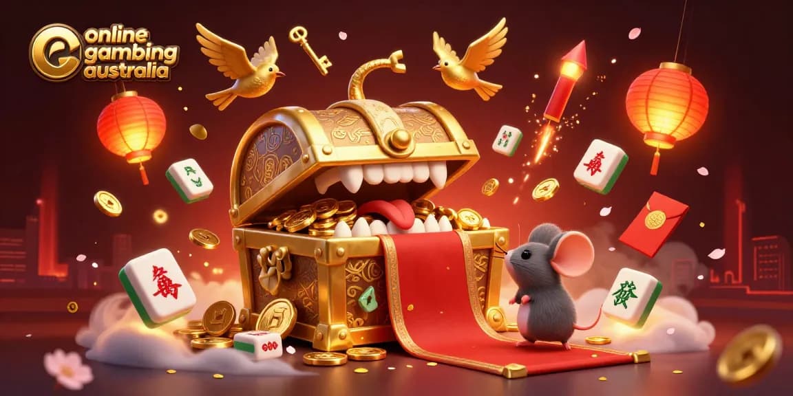 Engage in thrilling online gambling Australia, featuring animated characters lured by a treasure chest among rich casino elements.