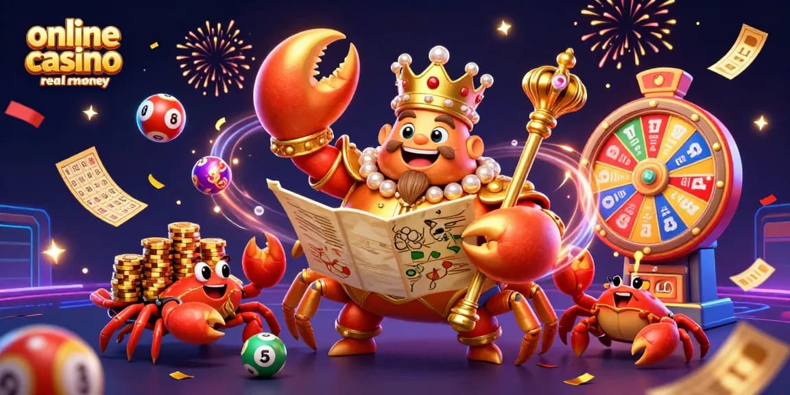 Engage with online casino Australia real money in a vibrant scene featuring a golden crab emperor and dynamic gambling elements.