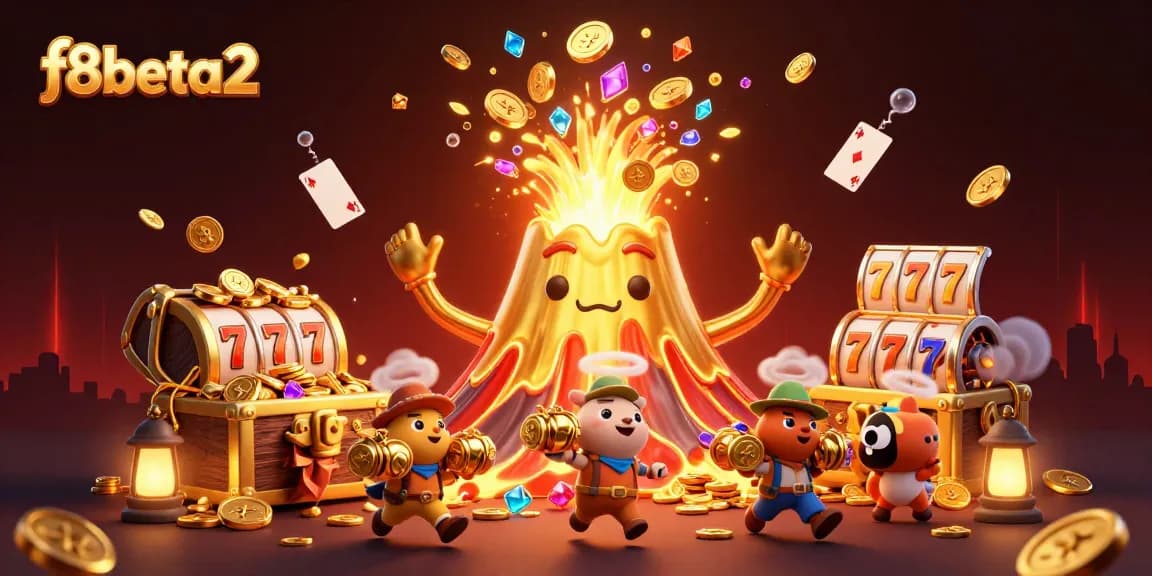 f8beta2 showcases a triumphant golden volcano erupting coins and gems in a rich, dynamic casino scene.
