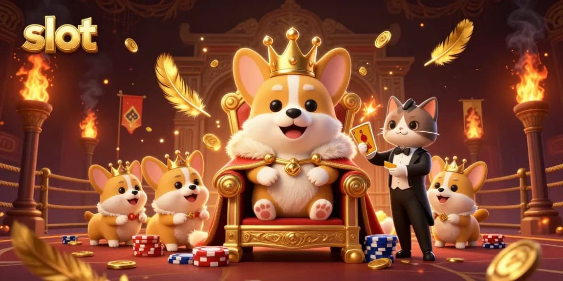 Slot dengan corgi raja dan karakter lain dalam suasana kasino yang meriah.