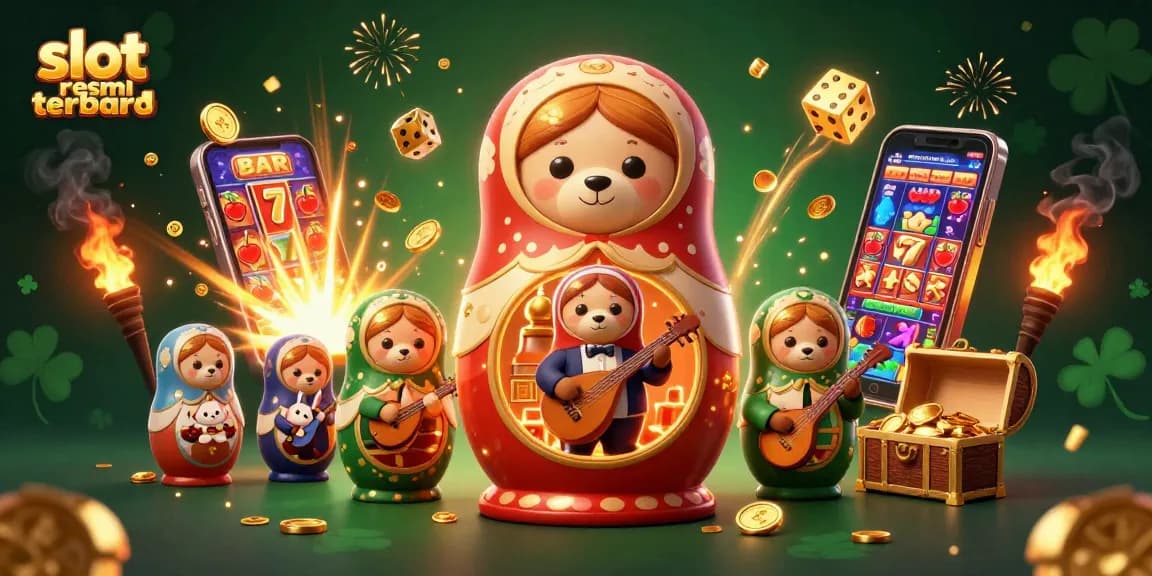 Menangkan jackpot dengan slot resmi terbaru, ilustrasi kasino penuh warna dan karakter unik.