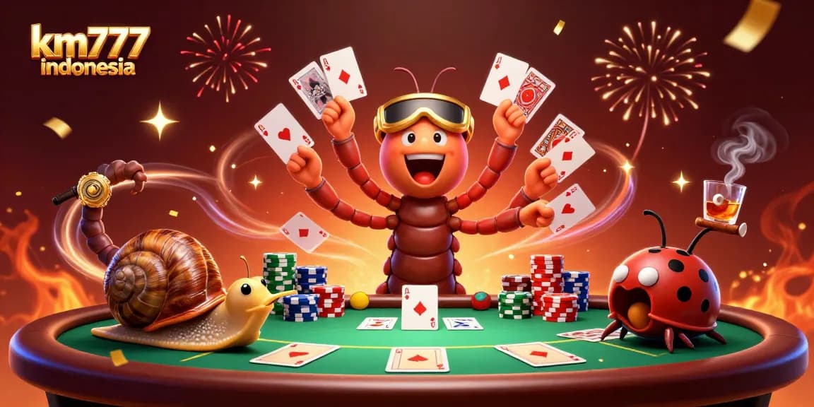 Engaging illustration of km777 indonesia showcasing a vibrant casino scene with a millipede dealer and high-stakes action.