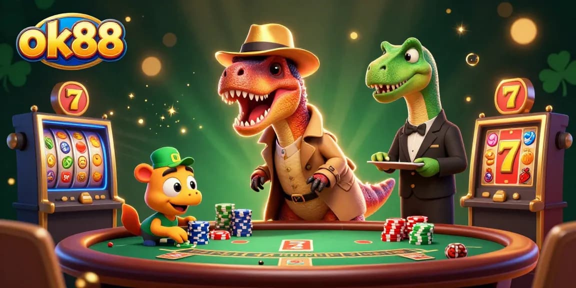 Experience ok88 with a thrilling scene of cartoon dinosaurs at a blackjack table filled with casino excitement.