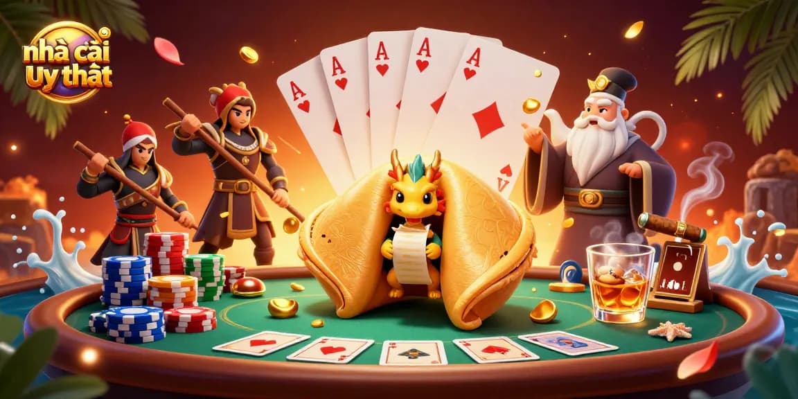 Engage with nhà cái uy tín through a vibrant casino scene featuring a golden fortune cookie and poker elements.