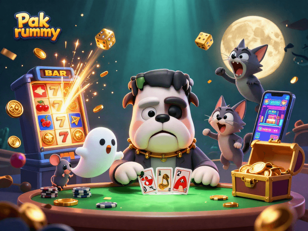 Engage in exciting Pak rummy action with a cartoon Frankenstein bulldog at a lively casino table.
