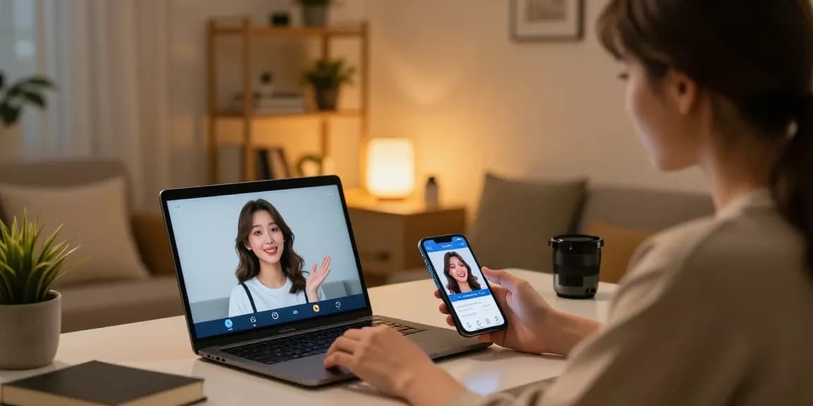 User chatting with an AI girlfriend on laptop and mobile, cozy digital interaction scene