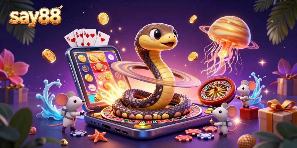 Experience thrilling gameplay at say88 with a vibrant cosmic casino scene featuring colorful slot games.