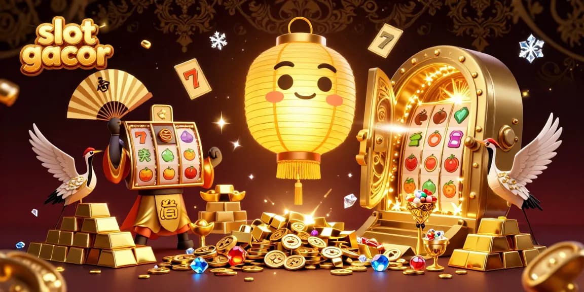 Engage with slot gacor magic through a vibrant 3D illustration filled with treasures and luck.