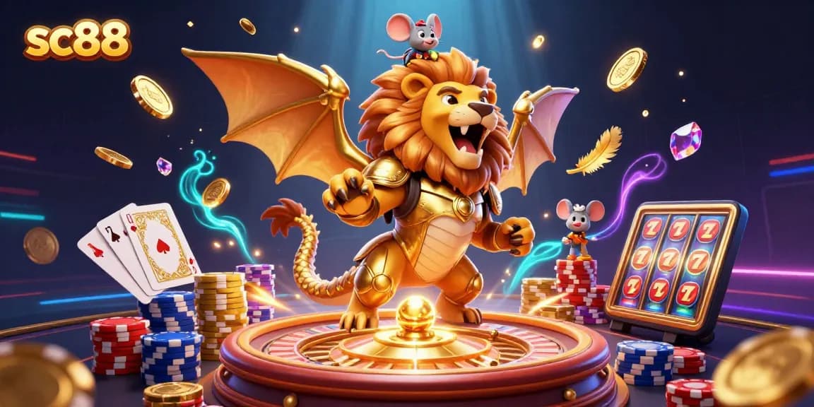 Win big with SC88 featuring a golden chimera, floating coins, and vibrant casino elements.