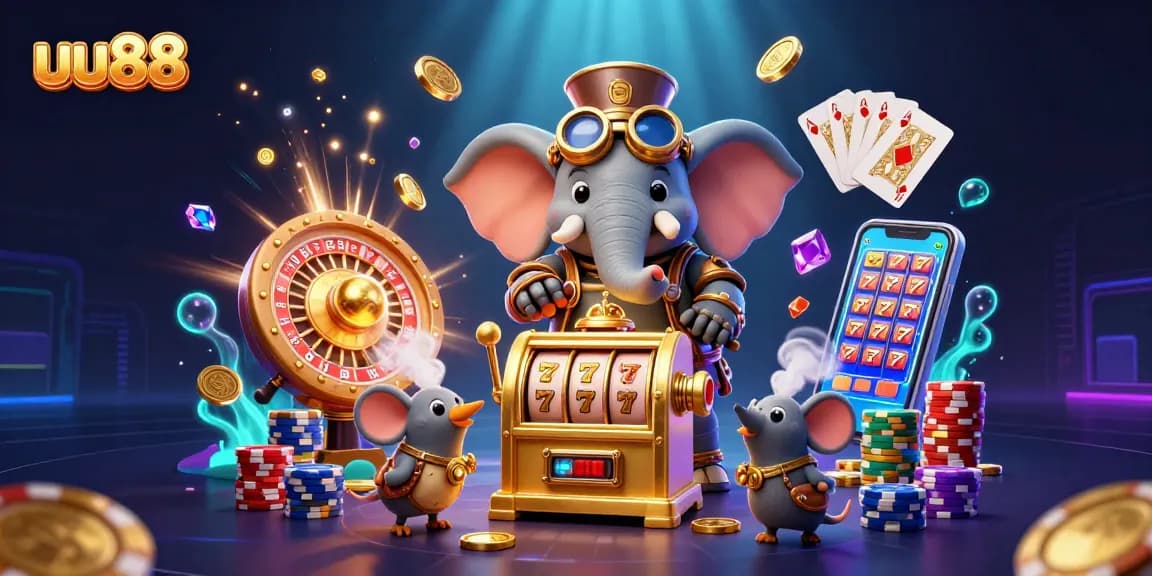 Spin the reels with uu88's exciting 3D casino scene, featuring a steampunk elephant and dynamic game elements.