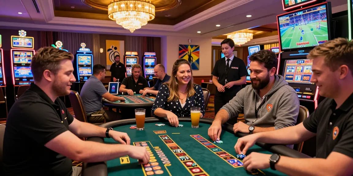 KO66 Casino atmosphere with players enjoying games and vibrant decor.