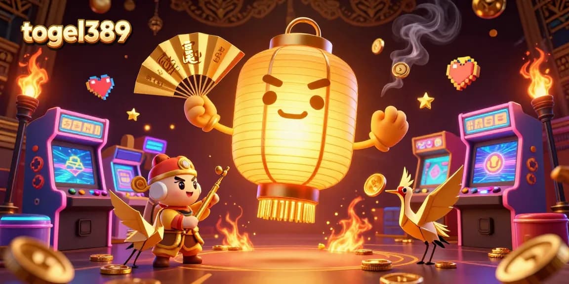 Togel389 casino illustration featuring glowing golden lantern spirit and fan warriors with gaming elements, showcasing dynamic gambling excitement.
