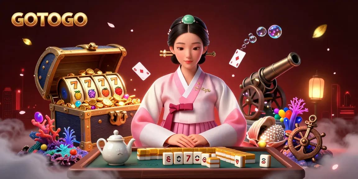 Terlibatlah dengan GOTOTO dalam suasana kasino yang cerah menampilkan simbol slot keberuntungan dan hadiah emas.
