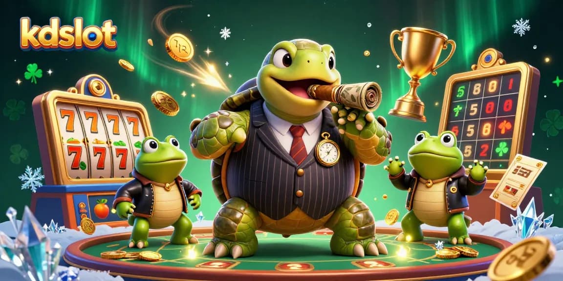 Engage with kdslot's vibrant gaming adventure featuring 3D turtle and bullfrogs on a lively casino scene.