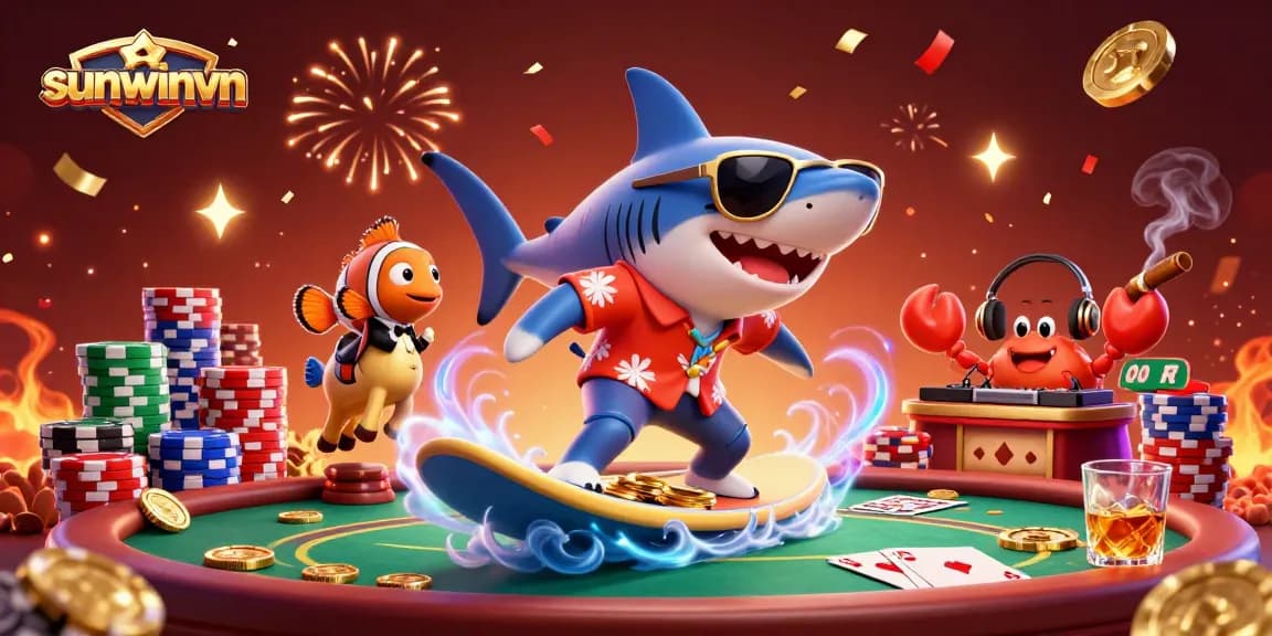 Experience excitement with sunwinvn's dynamic casino scene featuring a playful shark and poker elements.