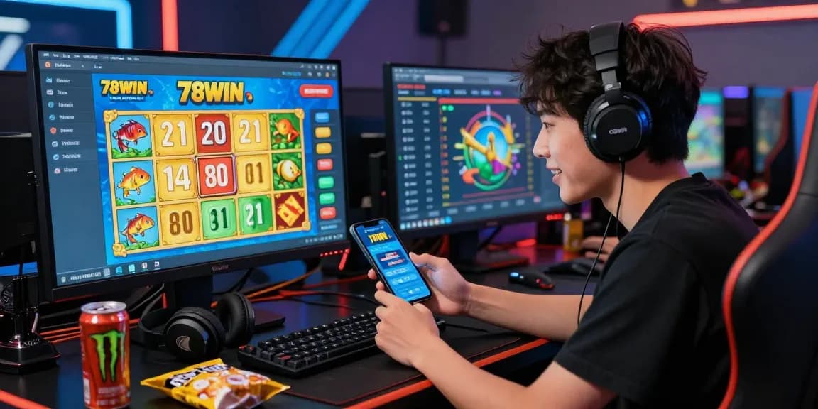 Exciting 78win online gaming scene with player immersed in betting and lottery action.