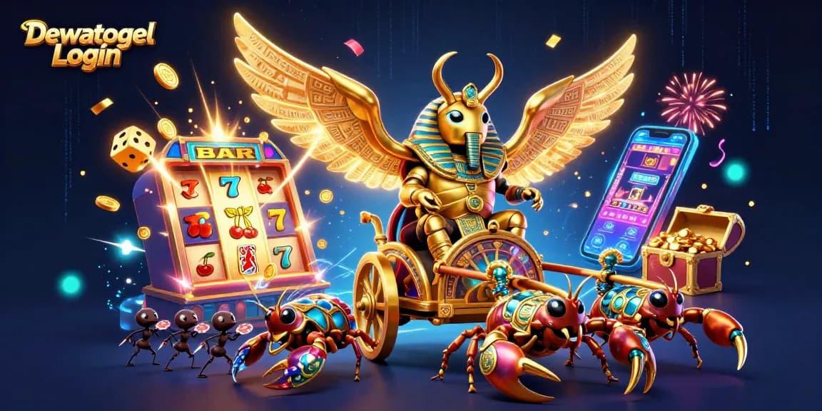 Dewatogel Login to join a vibrant 3D illustration showcasing a thrilling slot machine jackpot experience.