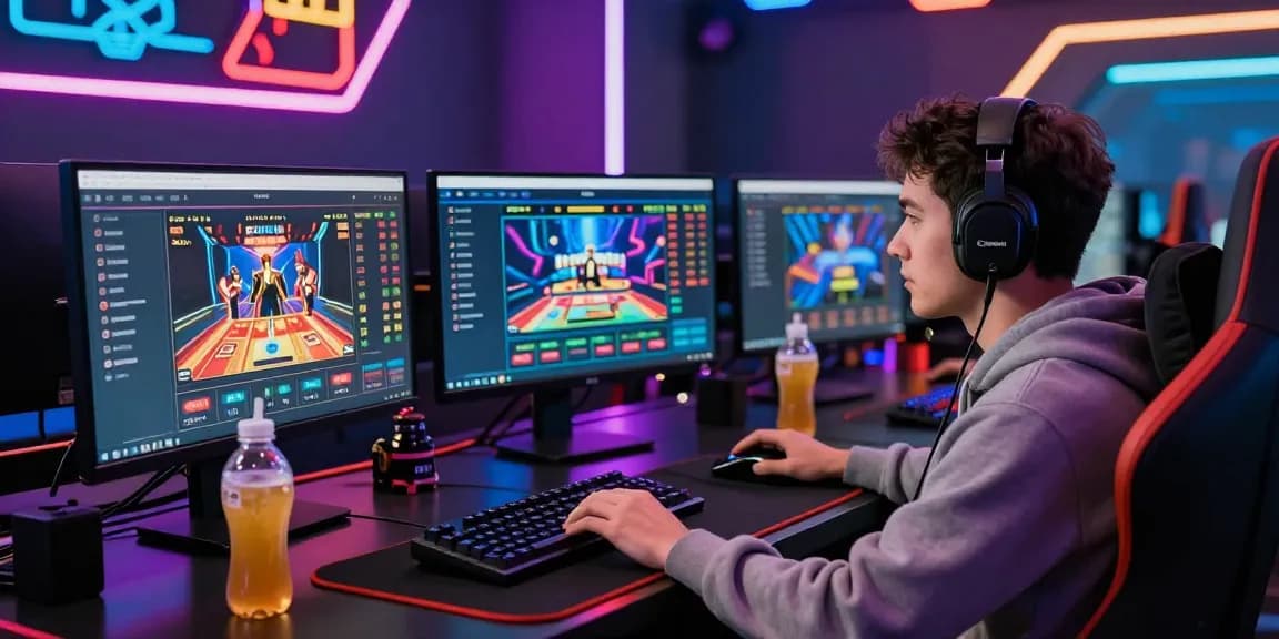 Energetic online betting setup with Grandbetting screens and professional gamer.