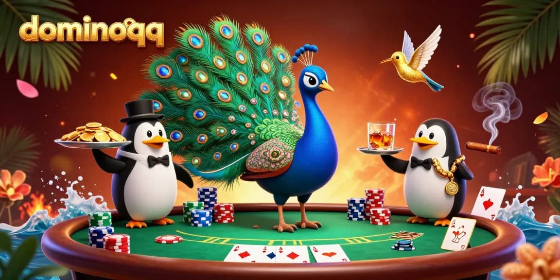 Play dominoqq at a vibrant casino scene with colorful poker chips and animated characters.