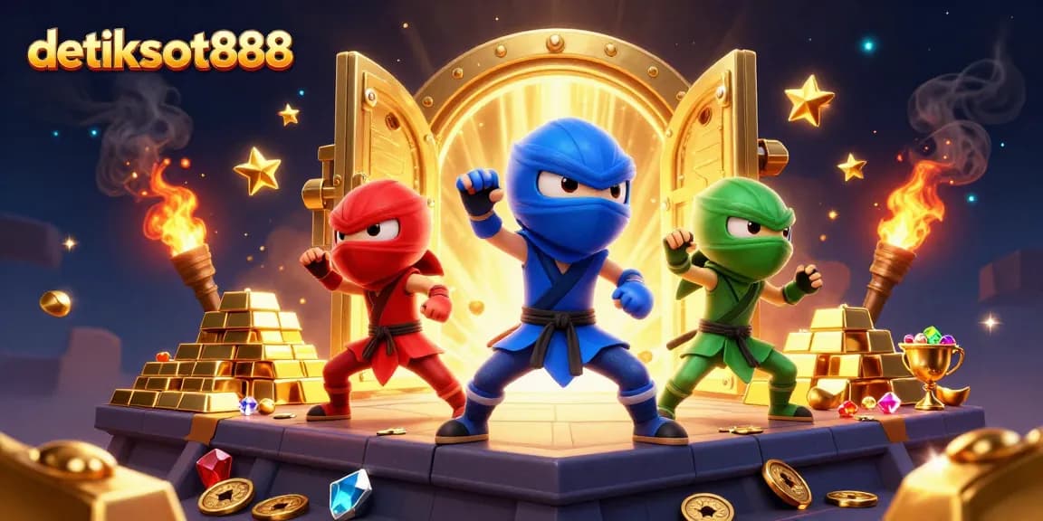 Experience dynamic gaming with detikslot888 as cartoon ninjas unleash winning throws amidst golden treasures.