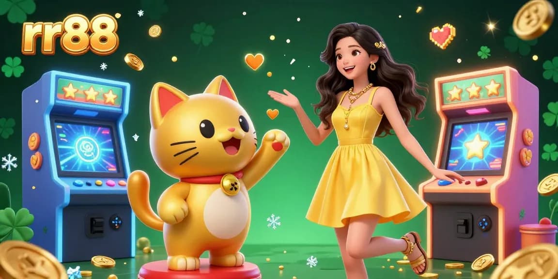 Experience the exciting games at rr88 with a joyful Asian woman and a golden lucky cat celebrating with coins and confetti.