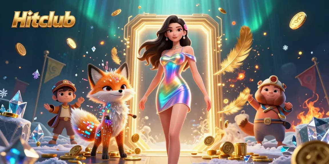Experience thrilling gaming at Hitclub with a dazzling illustration of an enchanting lady amid vibrant casino elements.