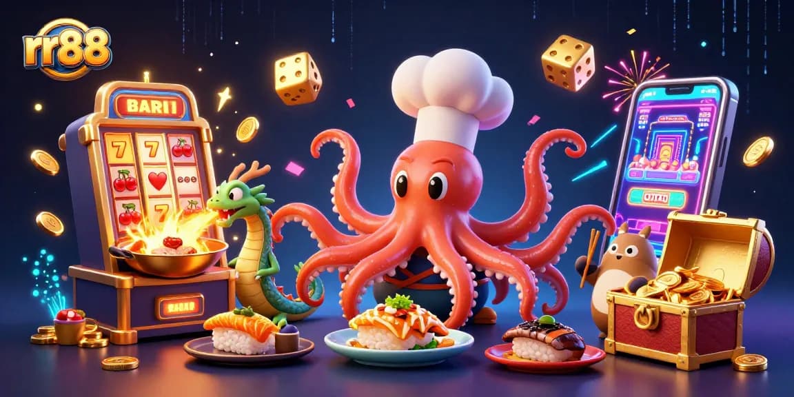 Experience thrilling wins at rr88 with a sushi chef octopus, dragon, and slot machine jackpot!