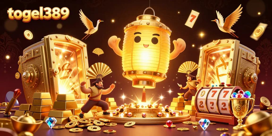 Experience the excitement of togel389's vibrant casino scene with glowing lantern spirit and golden treasures.