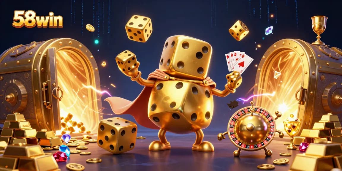 Experience the dynamic gaming world of 58win with vibrant casino characters and golden treasures.