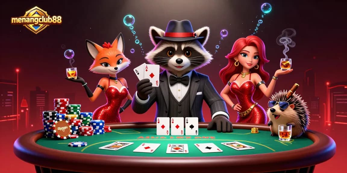 Experience thrilling card gameplay with menangclub88's vibrant characters and immersive casino elements.