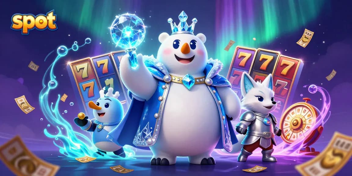 Experience thrilling slot action with the ice king and snow fox amidst vibrant casino elements.