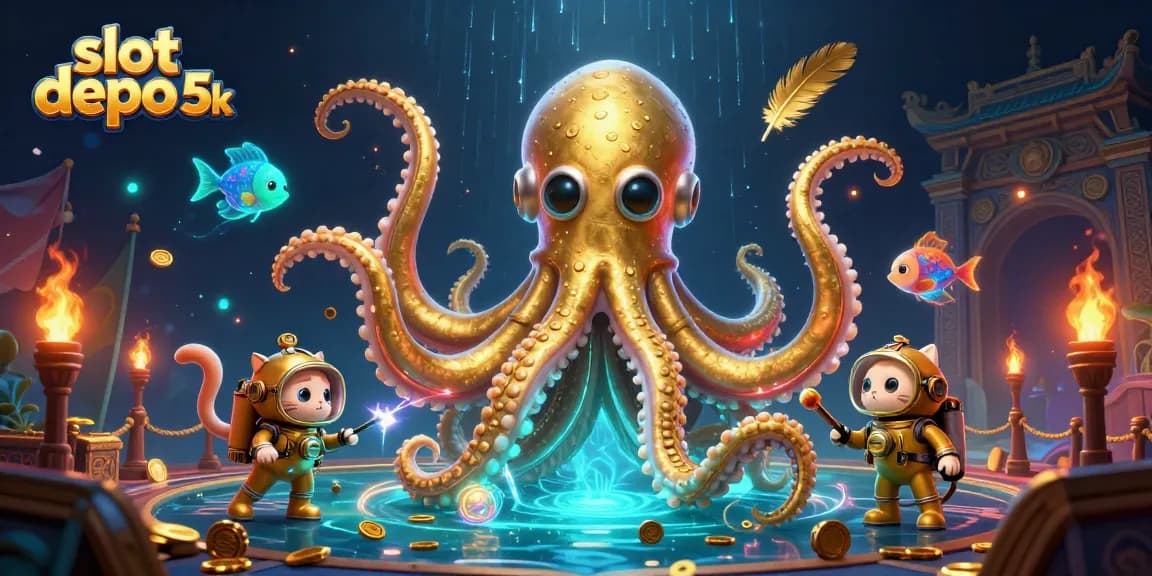 Experience the excitement of slot depo 5k with a vibrant illustration featuring a kraken and diving cat amidst casino elements.