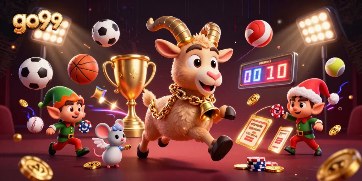 Experience the excitement of go99's festive casino with lively characters stealing poker chips and sports elements.