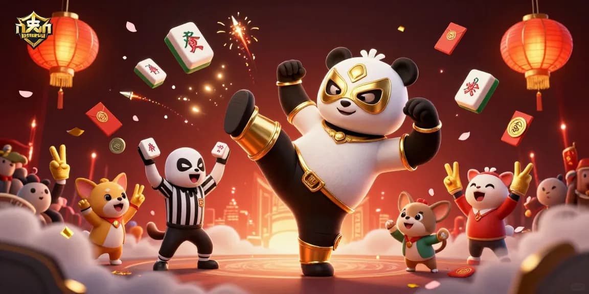 Lemacau delights gamblers with a dynamic live casino scene featuring a panda wrestler amidst vibrant elements.
