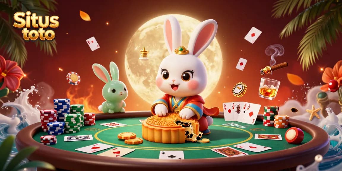 Engage with Situs toto as a moon rabbit reveals poker chips from mooncakes in an enchanting casino scene.
