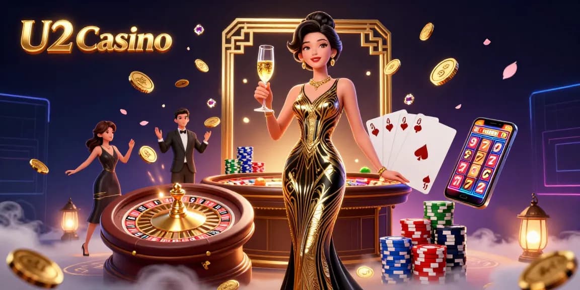 Experience thrilling gaming with U2 Casino's glamorous 3D illustration showcasing vibrant elements of excitement and luck.